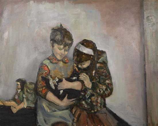 Modern British, oil on board, two girls with a cat, initialled JL, 61 x 76cm, unframed